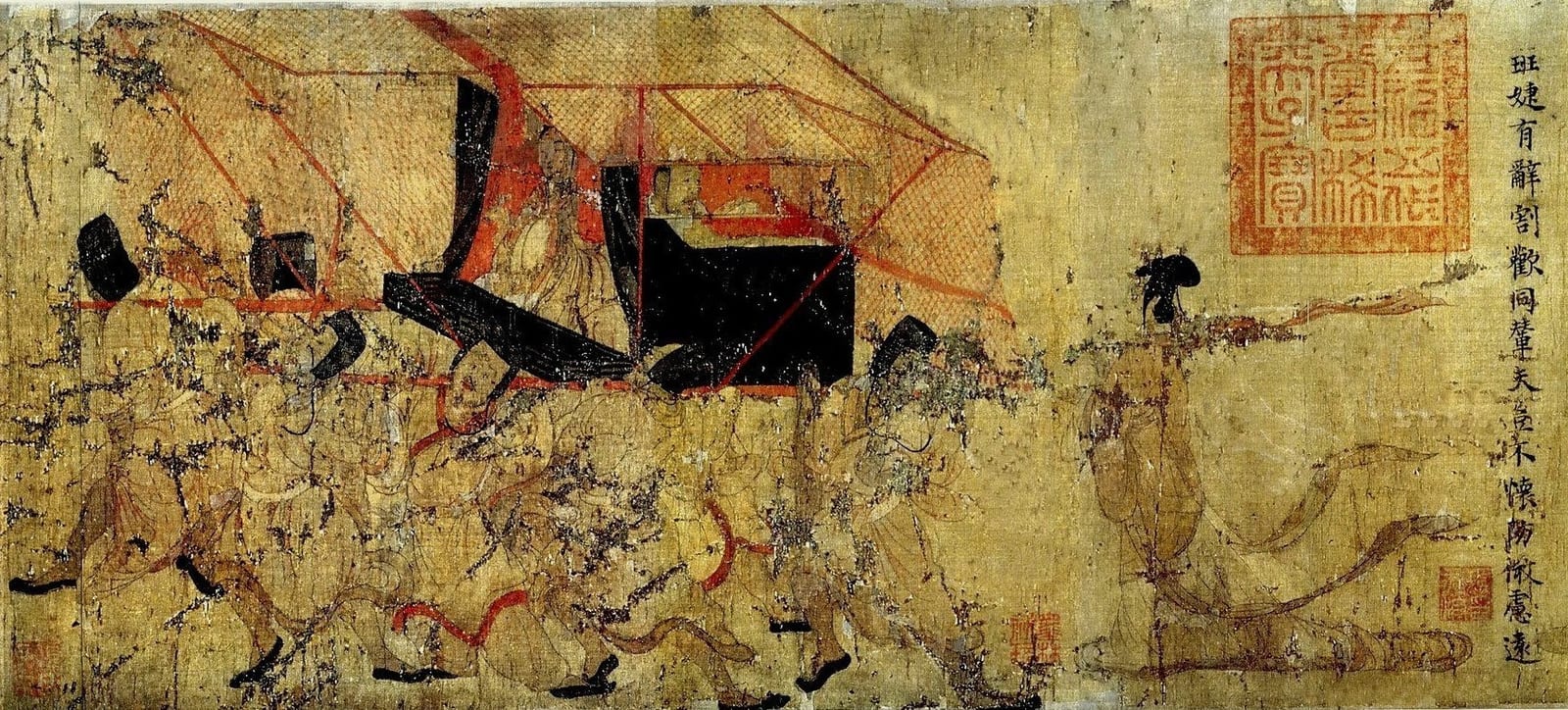 一段绢本手卷画：左边一群轿夫弯着身子，抬着一顶有黑色顶篷和红色边框的大轿向左走，轿中坐着一个男子；右边一位女子独自跟在轿后，衣带细长，向后飘起；最右边是一列题字和一方大印。人物都用极细、均匀的线勾出，绢面发黄，有许多裂纹和剥落。
