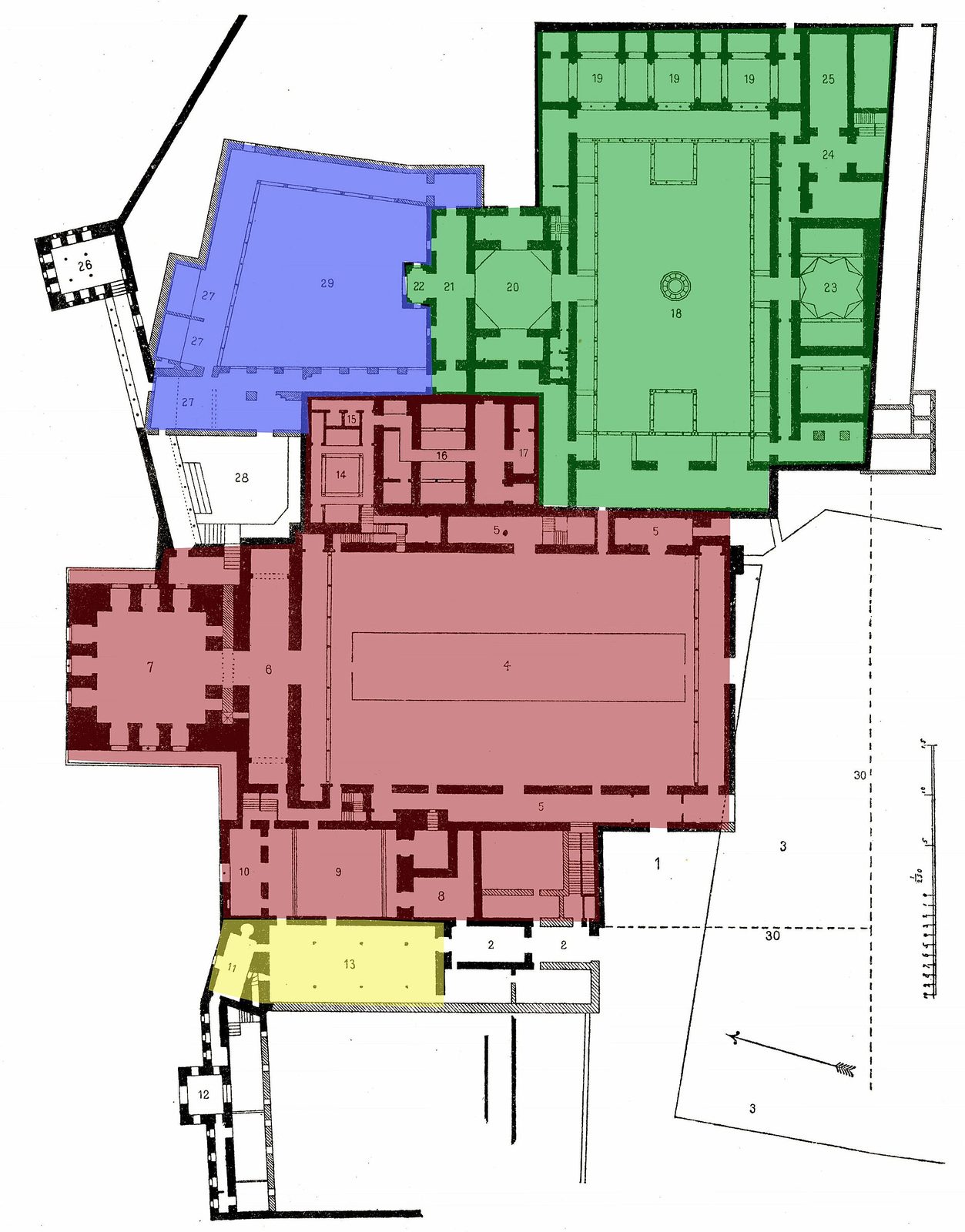 一张黑白建筑平面图，被涂成几块颜色：下方黄色一小块，中间红色一大片（包括一个长方形水池和左侧一间突出的方形厅），右上方绿色一片（中央是一个四周有柱廊、正中有圆形喷泉的庭院），左上方蓝色一片。图上标着许多数字。