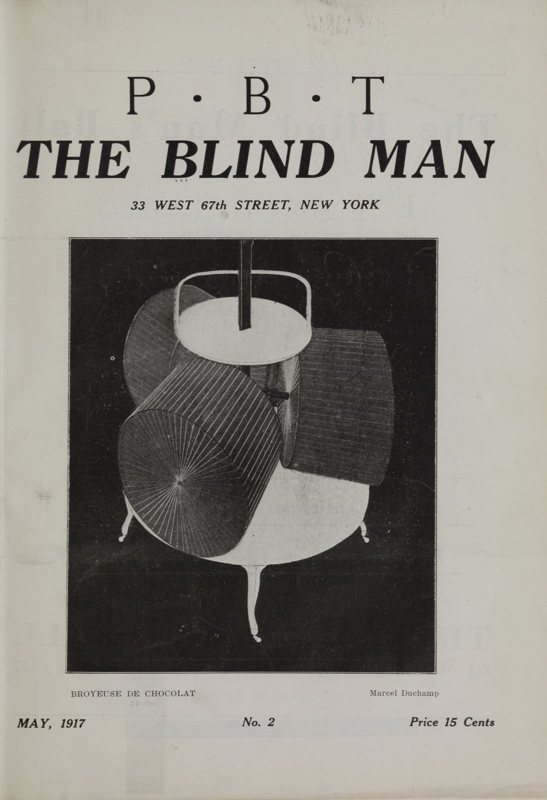 一本杂志的封面：上方是大字“P·B·T”和“THE BLIND MAN”，下面是地址“33 WEST 67th STREET, NEW YORK”。中间一大块黑底上，印着一台机器：三个带细密条纹的滚筒，立在一张有弯腿的圆台上。最下方写着“MAY, 1917”“No. 2”“Price 15 Cents”。