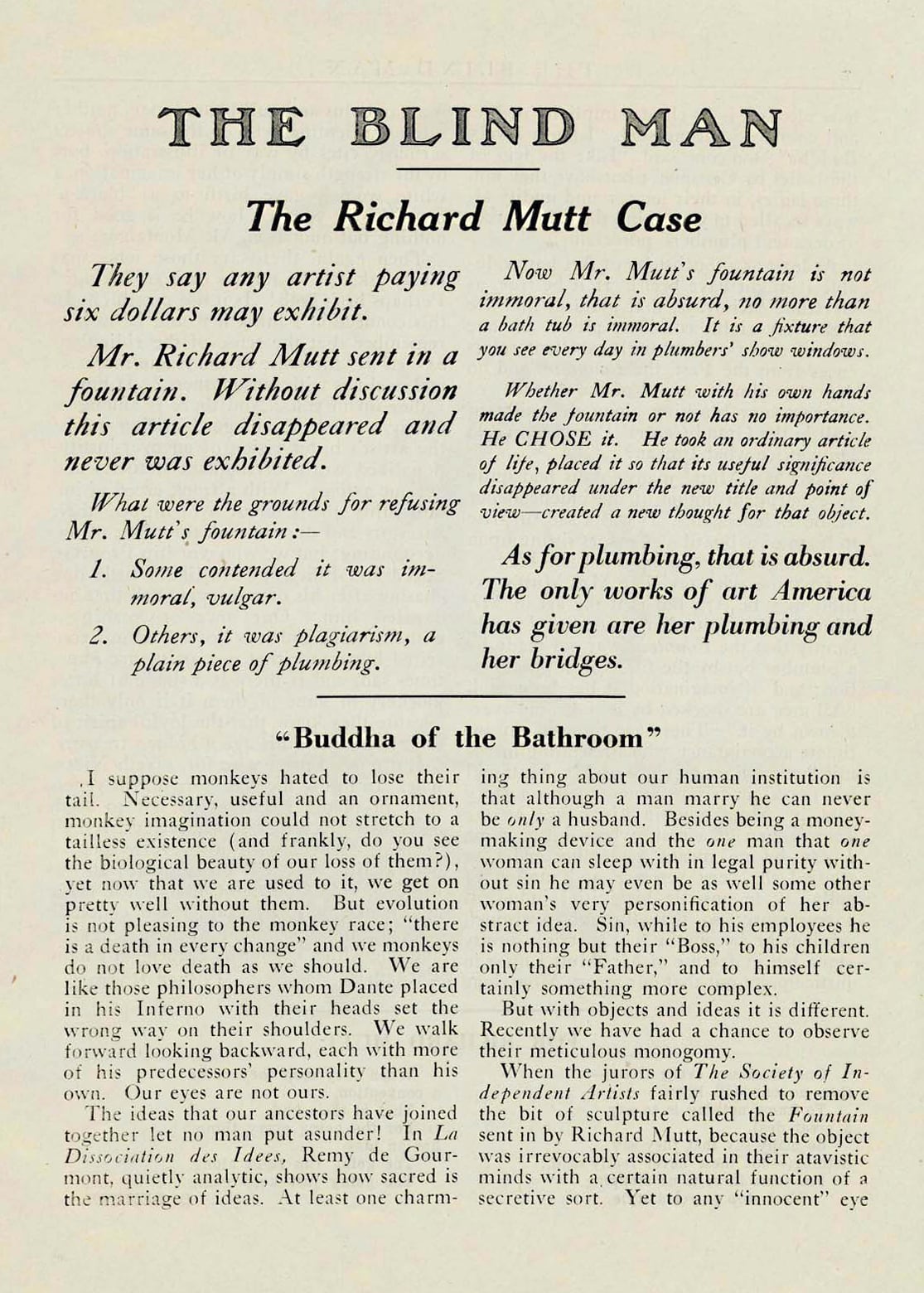 一页印刷的杂志：顶上是“THE BLIND MAN”，下面是标题“The Richard Mutt Case”，正文是两栏大号斜体字。页面下半部是另一篇文章，标题为“Buddha of the Bathroom”，用的是小号的正体字。