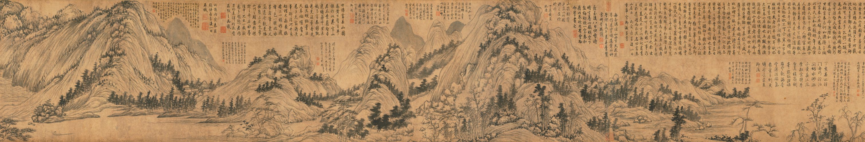 一段横长的水墨山水：连绵的山峦和树丛，几乎每一块空白处都写满了竖行的小字题诗，旁边钤着许多红印，山水几乎被字包围。