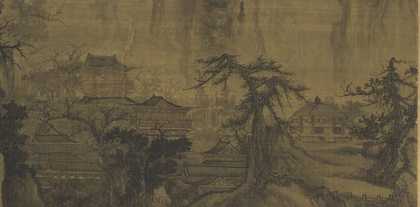 山腰的树丛后面，露出几座两三层的殿阁，屋檐翘起，栏杆细密；右边一棵歪斜的松树旁，还有一座圆顶的亭子和一段矮栏杆。