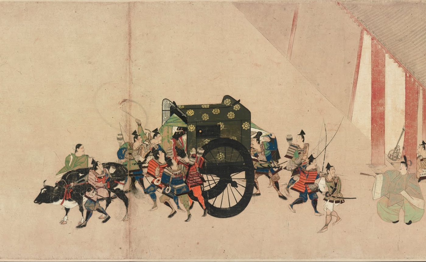 一辆黑色车厢、车身点缀金色花纹的牛车，正从右边红柱的宫门前出发；拉车的是一头黑白相间的牛；车厢四周挤满了穿红色和蓝色铠甲的武士，有人举着弓，有人扬起手。门边跪坐着一位穿浅绿衣服的官员。