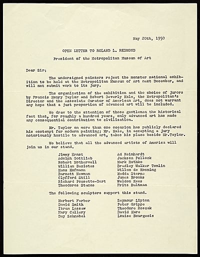 一页打字机打出的信：标题是“OPEN LETTER TO ROLAND L. REDMOND, President of the Metropolitan Museum of Art”，日期 1950 年 5 月 20 日。正文下面分两栏列着画家和雕塑家的名字，其中有 Jackson Pollock、Mark Rothko、Willem de Kooning、Barnett Newman。