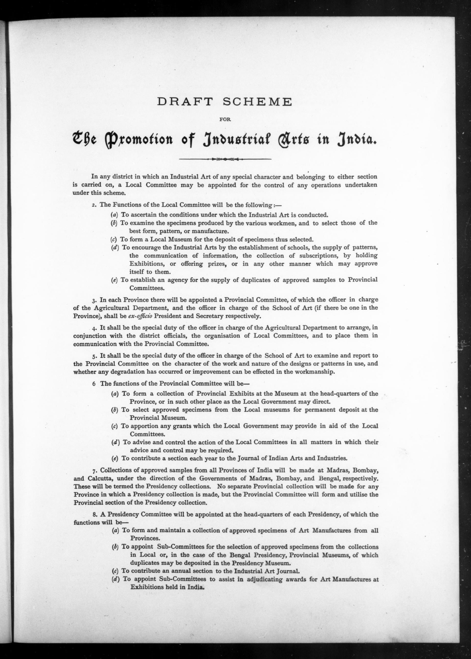 一页印得密密麻麻的旧书页：顶上是花体的标题“Draft Scheme for The Promotion of Industrial Arts in India”，下面是一条条编号的条文。