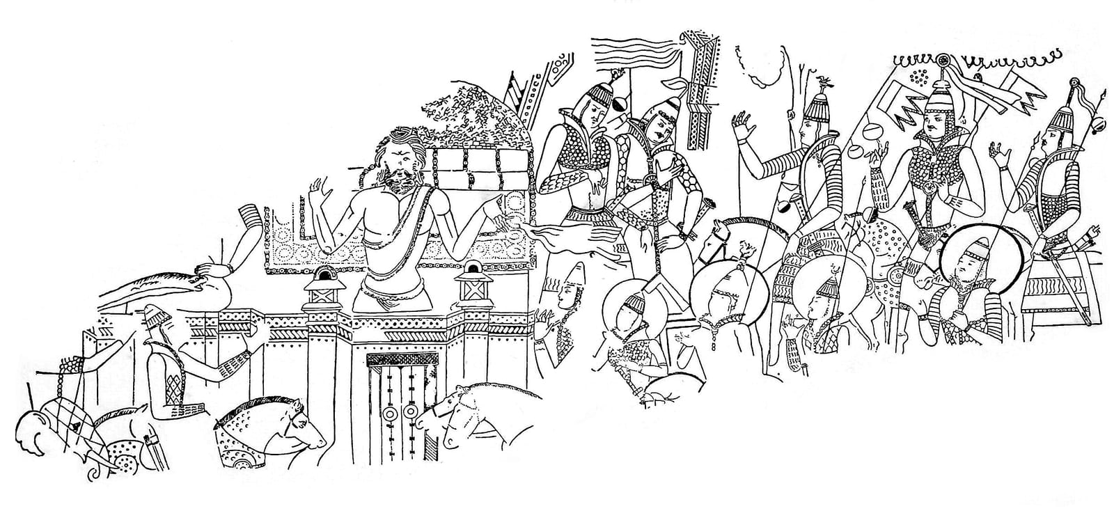 一幅白底黑线的线描图：一排穿甲胄、持剑和长矛的武士，挤在城门和建筑之间，线条细而清楚，没有颜色。