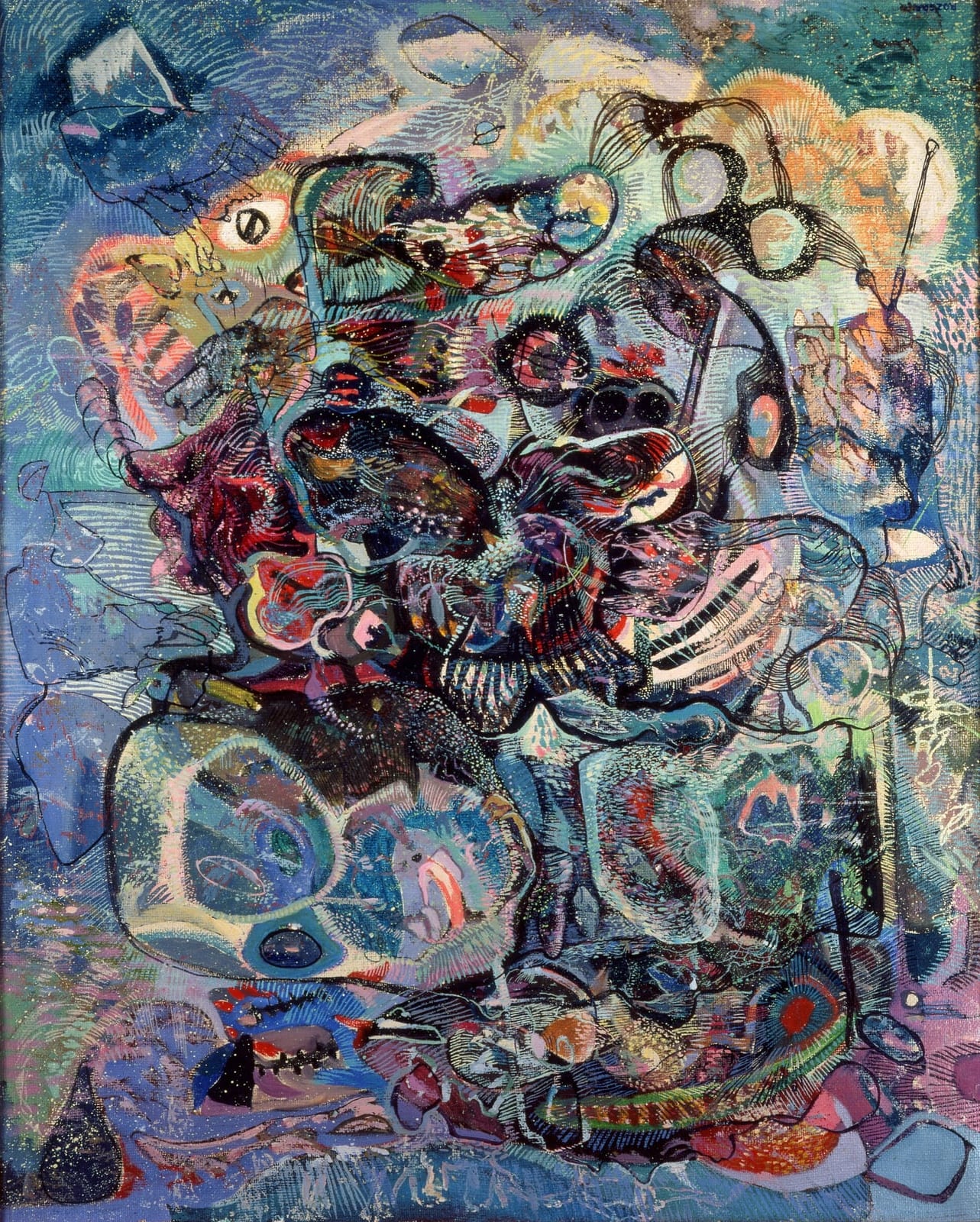 同一幅《祖母的长柄眼镜》倒转过来：原来在左下方、由线连起来的圆环和细柄，现在到了右上方；原来右下方那个像眼睛的白色小形，现在到了左上方；签名倒过来出现在右上角。