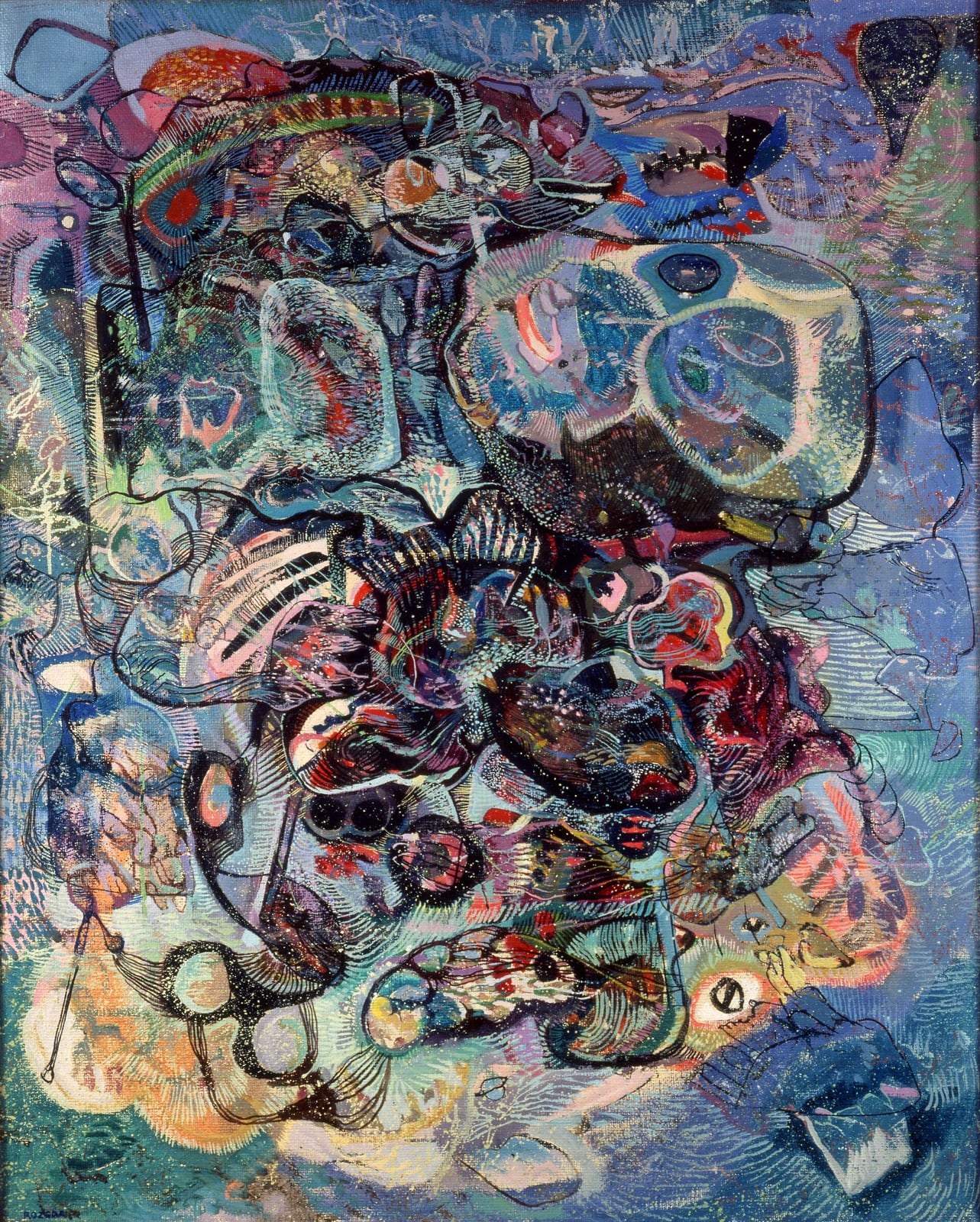 一幅竖长的油画，几乎没有空白：蓝、青、紫的底上挤满了缠绕的黑色线条、圆圈、小点和网状的纹理。右上方有一大团浅色的、像透明泡泡一样的形；左下方有几个由线连起来的圆环，旁边伸出一根细细的柄；右下方有一个白色的、像眼睛一样的小形。左下角有签名“ROZSDA”。