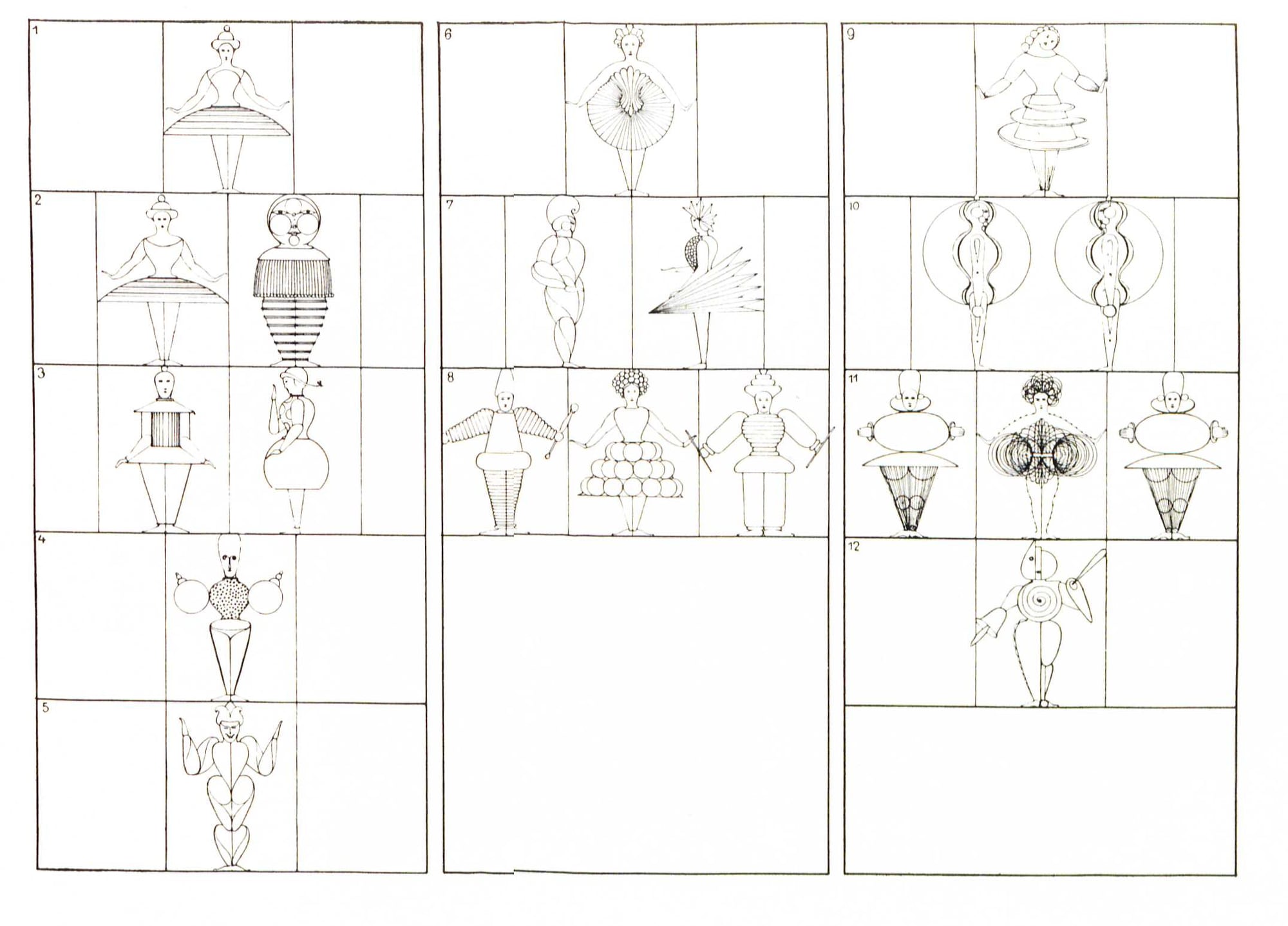 一张线描图表，分成三栏，编号 1 到 12：每一格里画着一两个穿怪异服装的人形，有的像陀螺，有的裙子像一圈圈的盘子，有的身体是几个球和圆锥拼起来的。