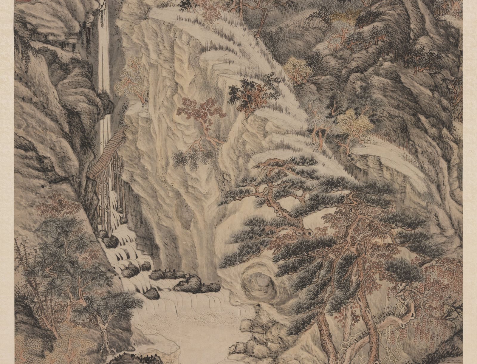 山崖的近景：岩壁被一组组细长、弯曲、彼此平行的墨线覆盖，线条之间留出淡淡的空白，表现岩石的纹理和起伏；左侧一道白色的瀑布垂直落下。