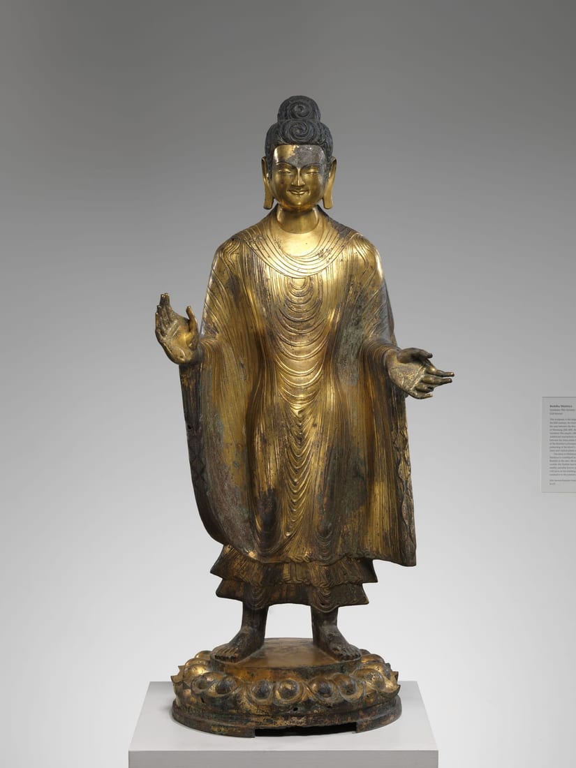 一尊金色的铜佛立像，站在莲花台座上：右手举起掌心向外，左手垂下；袈裟紧贴身体，从双肩垂下，胸前和腿上刻满一道道细密、规则的衣褶，像一层层波纹；双肩宽厚，腿很长。