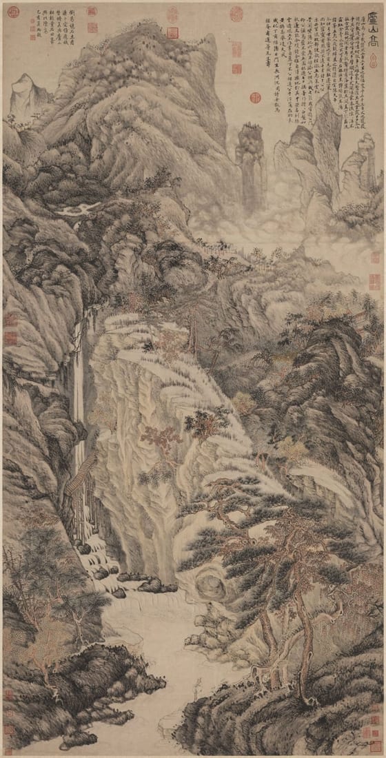 一幅很高的立轴山水：画面几乎被一座重重叠叠的大山填满，山石用无数细密弯曲的线条一层层皴擦；左侧一道细长的瀑布从高处直落，在山脚汇成水潭；右下方几棵虬曲的松树，枝叶浓密，夹着几簇淡红色的树叶。水潭边站着一个极小的人。右上角是一大段行书题诗，最上方写着篆书“庐山高”三字，画面四周盖着许多红色印章。