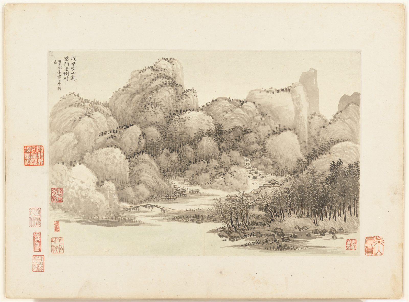 一开小册页，裱在米色的衬纸上：一片水墨为主的山水，圆浑的山头堆叠起来，山上点满浓淡不一的墨点，山脚有树林和水边小路；右上角有几行小字题识，四周盖着多方红印。